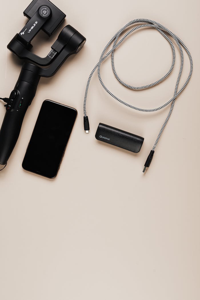 journey Minimalist flat lay featuring a smartphone, gimbal, charging cables, and power bank on a beige background.